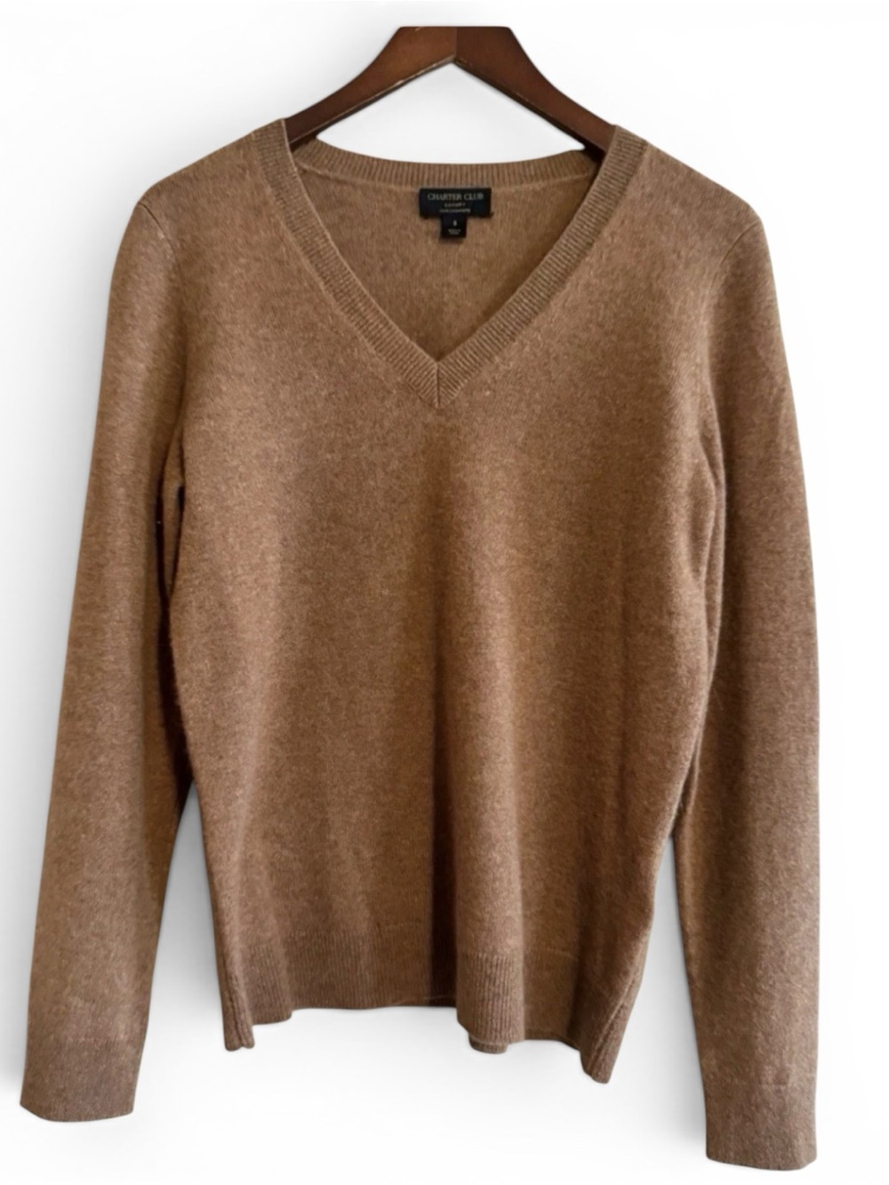 Charter Club Camel V-Neck Cashmere Sweater - S